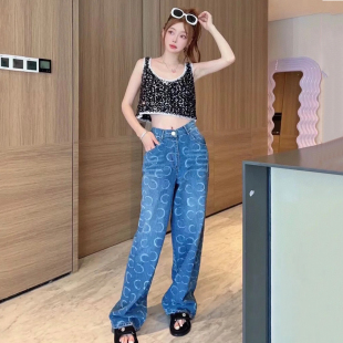 春 女高腰显瘦设计感小众阔腿长裤 DPH NICE亮片口袋满印直筒牛仔裤