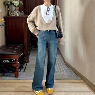 DPH NICE老钱风皮标直筒常规牛仔裤女高腰显瘦加绒保暖阔腿长裤春
