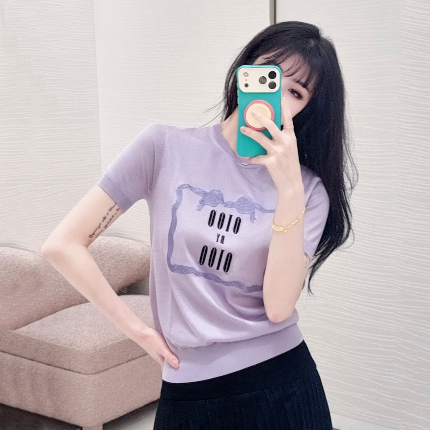 DPH NICE字母刺绣圆领针织衫T恤女夏显白高级感短款宽松休闲上衣