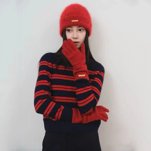 DPH NICE红色条纹圆领毛衣女高级感显瘦内搭通勤针织衫外套新年春