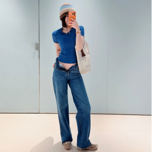 针织衫 DPH POLO领T恤女弹力高级感短袖 短款 NICE字母贴布刺绣修身