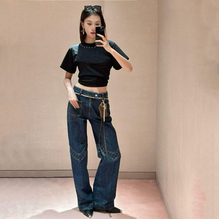 DPH NICE双口袋拼接提花阔腿牛仔裤女高腰显瘦设计感阔腿长裤早春