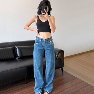 DPH NICE倒扣反转口袋直筒牛仔裤女高腰显瘦设计感小众阔腿长裤春