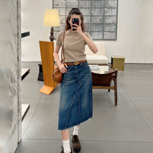 DPH NICE复古拼接毛边牛仔半身裙女秋季设计感小众高腰显瘦长裙子