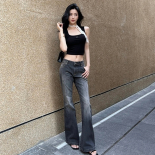 DPH NICE泼墨做旧黑灰微喇牛仔裤女显瘦老钱风春节新品不规则长裤