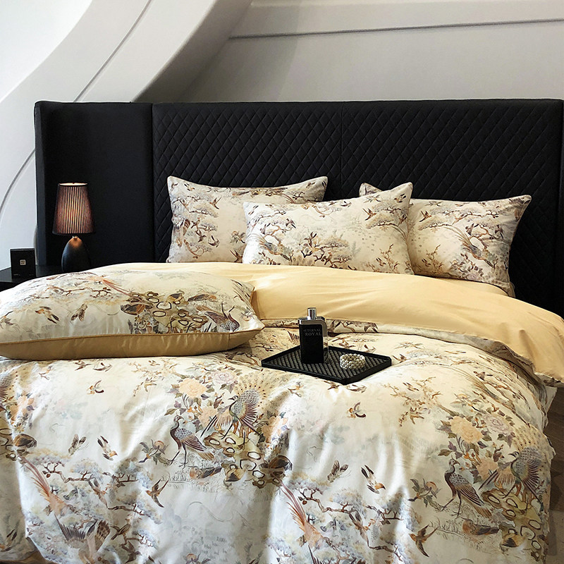 现代乡村田园风100支数码印花全棉贡缎四件套纯棉花鸟长绒棉床品