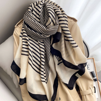 大牌条纹棉麻围巾女秋冬保暖披肩