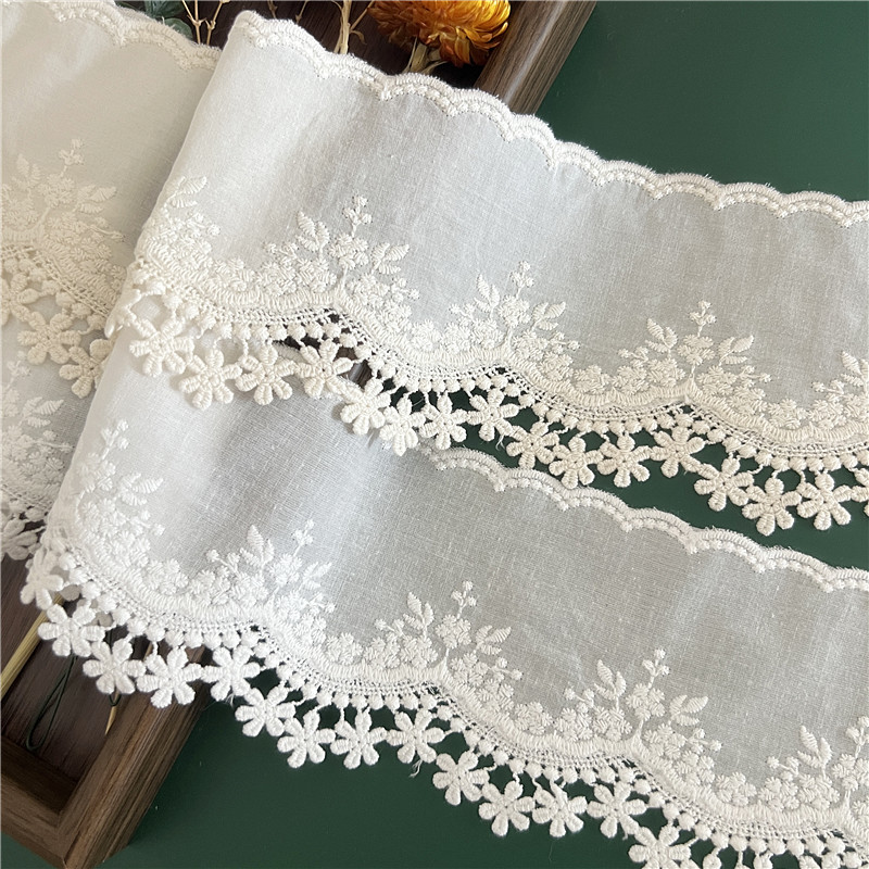 宽10cm杏色棉布小花朵水溶刺绣花边辅料DIY服装裙边衣领双边蕾丝