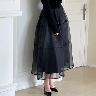 高端2025春季新款韩安恩真同款优雅气质a字蛋糕欧根长纱裙