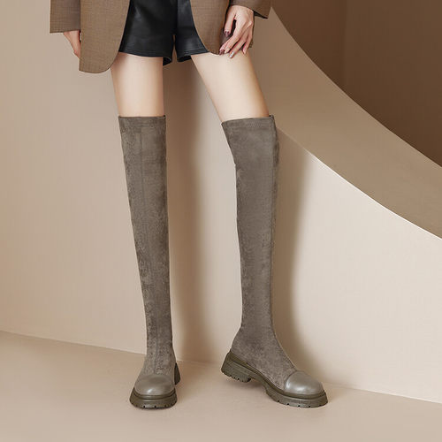 新款秋冬加绒过膝长靴灰色长靴