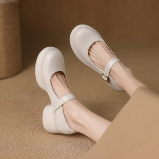 女春夏季 粗跟高跟鞋 女鞋 子配裙子新款 鞋 踩屎感软皮面厚底包头凉鞋