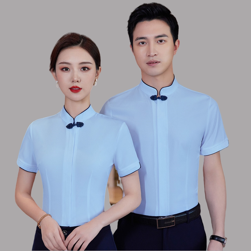 中国风职业衬衫短袖男女同款立领工作服饭店餐厅接待前台工装衬衣