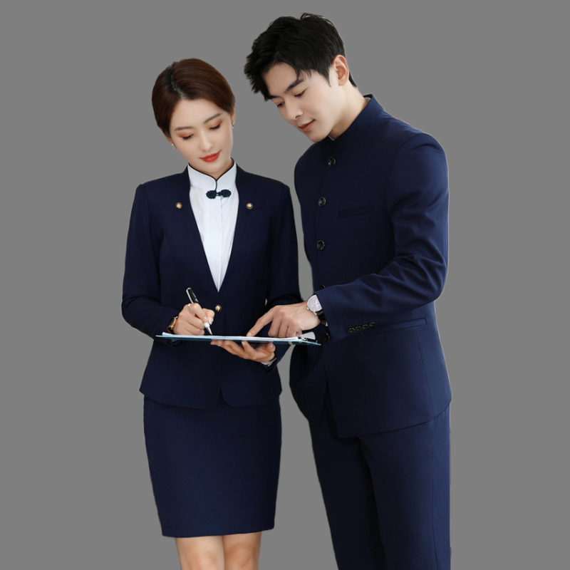 酒店前台工作服男女同款套装餐饮服务员可刺绣制服马甲三件套裙冬