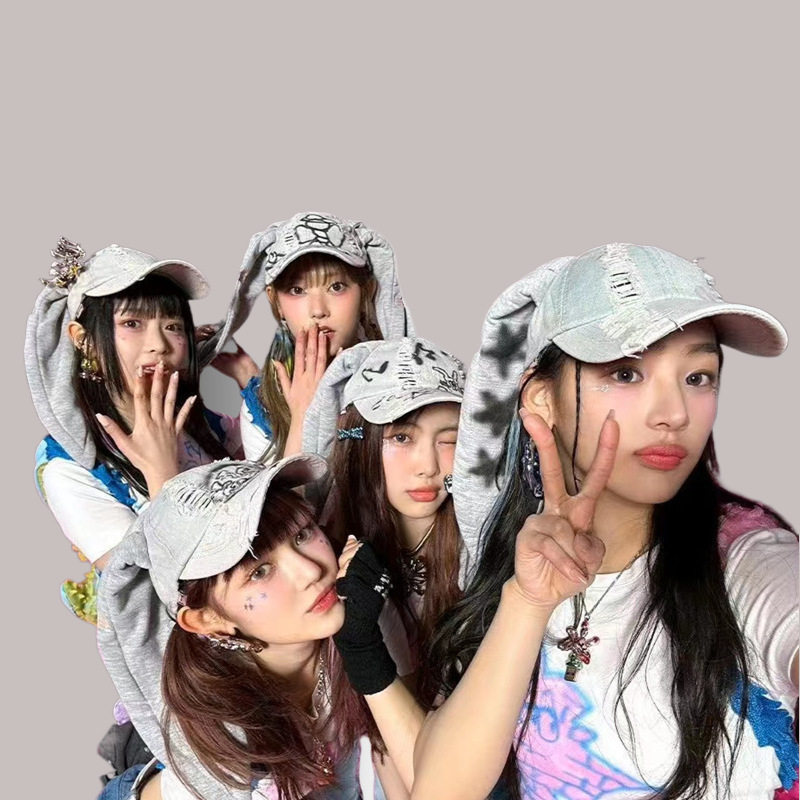 韩国女团同款兔耳朵鸭舌帽子女牛仔舞蹈嘻哈棒球帽newjeans牛腱子