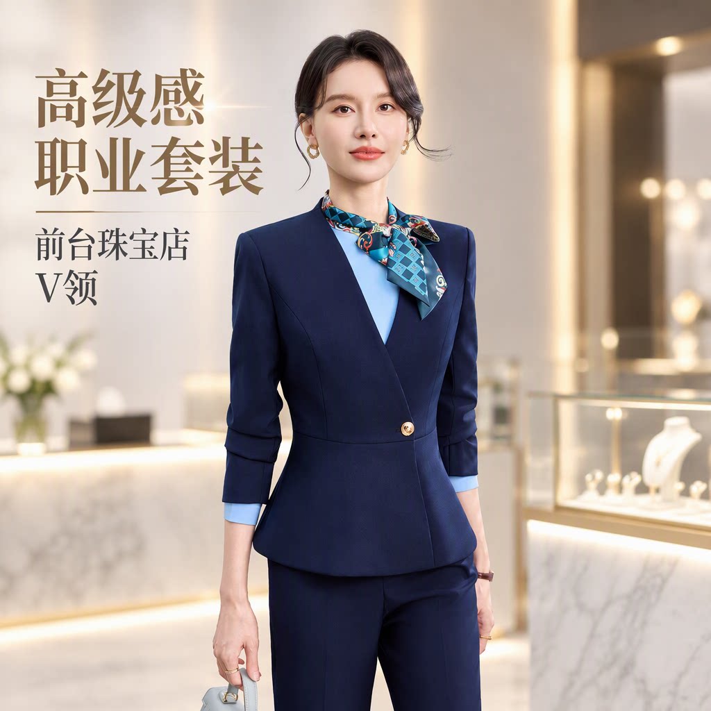 深蓝色高级感西装套装女秋V领