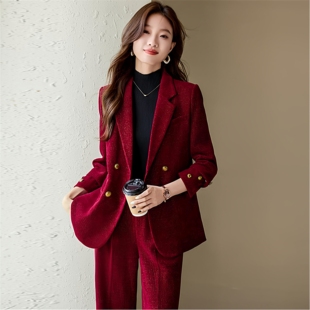 休闲西装红色高级加厚秋冬季年会阔腿裤西服套装气质外套女职业装