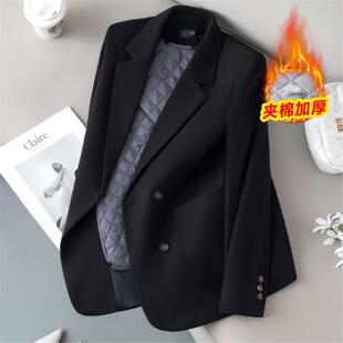 加厚黑色大衣呢子保暖高级加棉西装感西服休闲冬季女外套毛呢上班