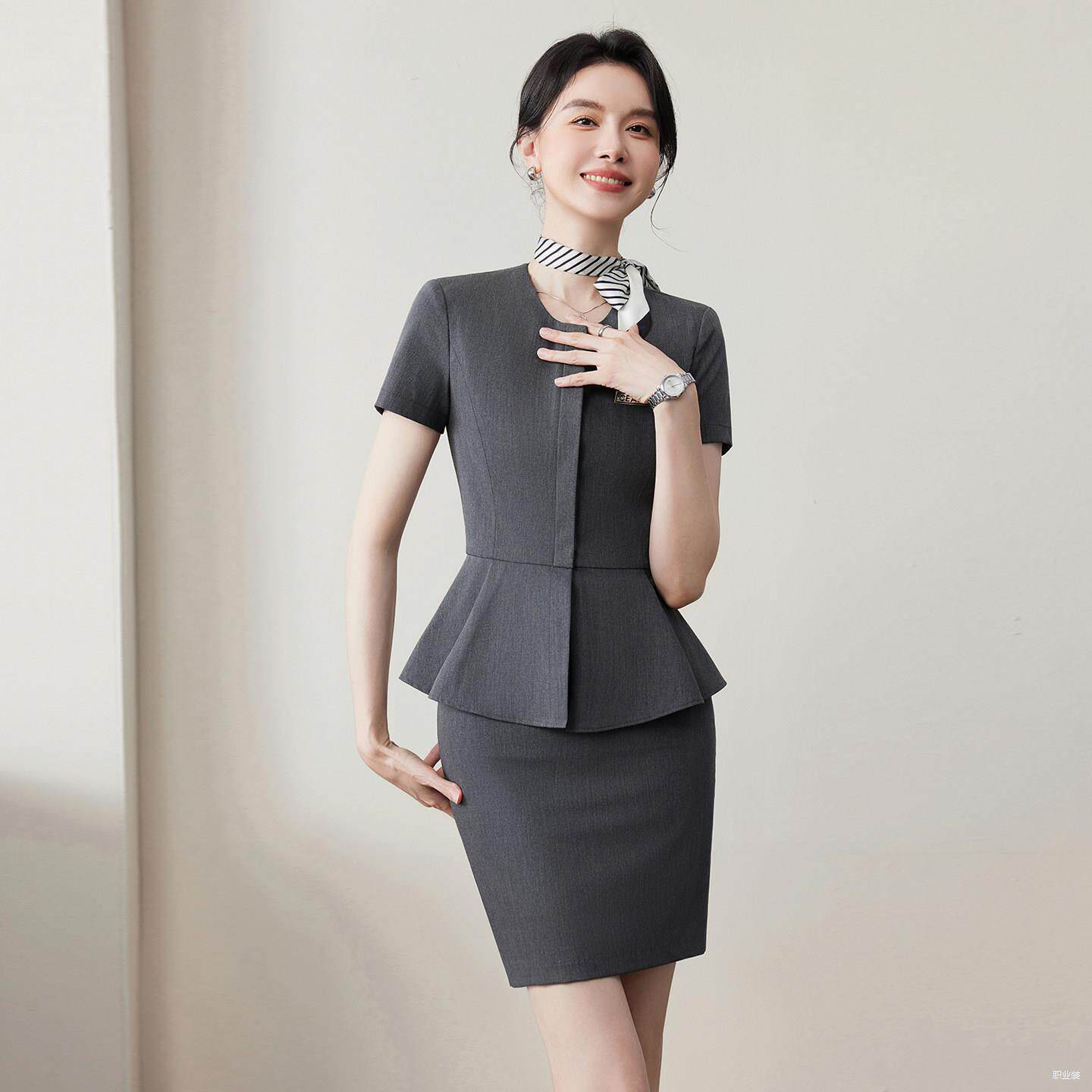 灰色职业短袖西装套女夏季薄款酒店前台经理工作服圆领正装工作服