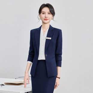 深蓝色职业西装套装女秋穿搭气质前台外套显瘦商务正装正肩工作服