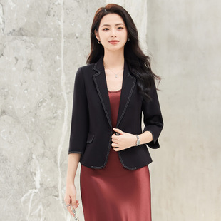 黑色收腰春夏季一粒扣西装小个子薄款七分袖中袖女神上衣短外套女