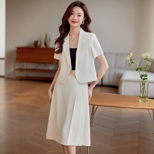 通勤风白色短袖西装外套女小个子短款半身裙子气质职业两件套外套