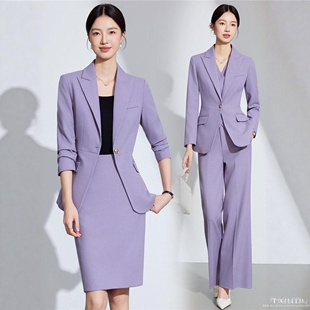 气质女神通勤前台外套主持人正装 女职业装 西服工作服 套装 紫色西装