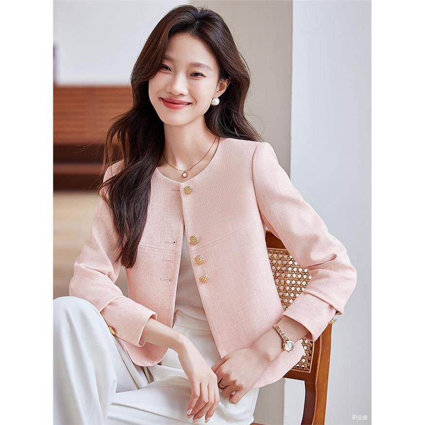 粉色小香风外套女春秋季休闲时尚轻奢小个子开衫圆领短款西装上衣
