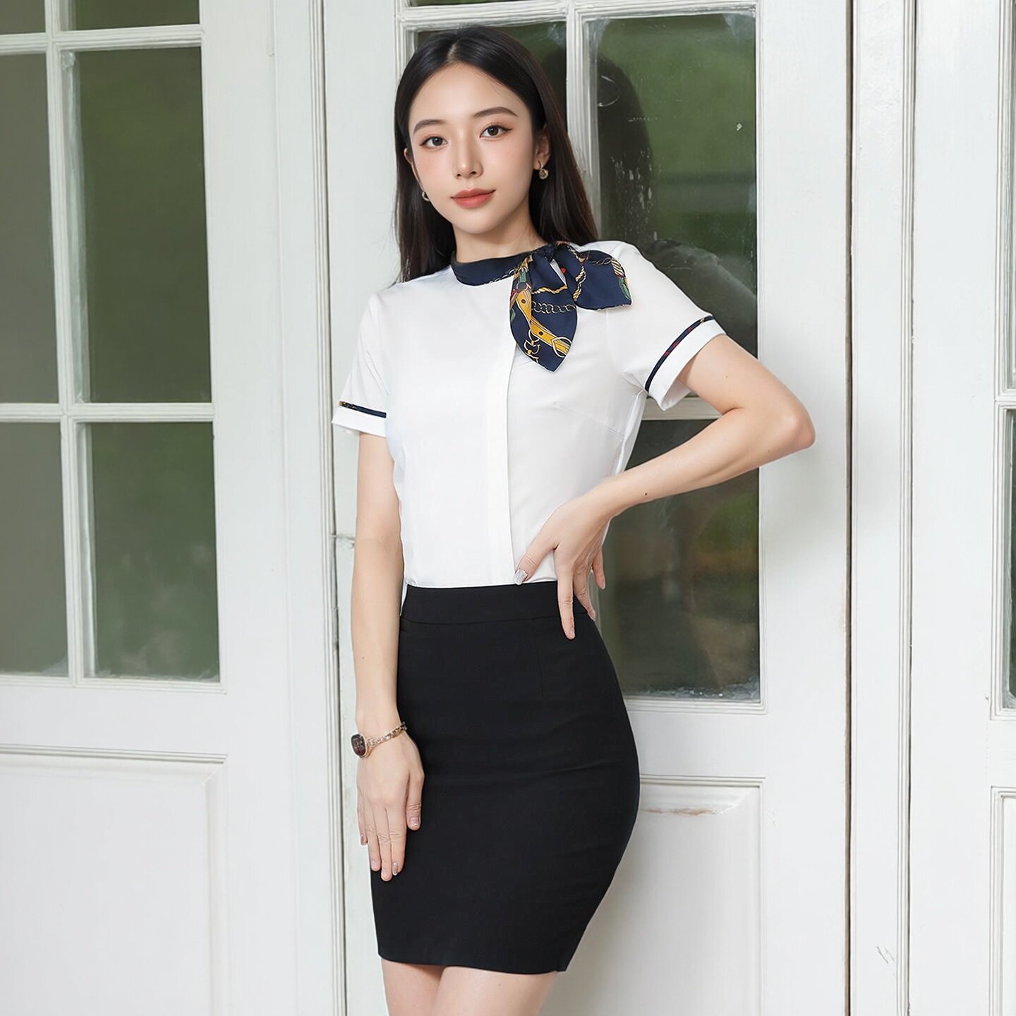 夏正肩职业套装女白衬衫黑裙短袖丝巾领结工作服酒店前台银行显瘦