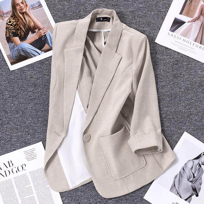 休闲小西装外套女夏季格子薄款2026短款小个子七分袖亚麻中袖西服
