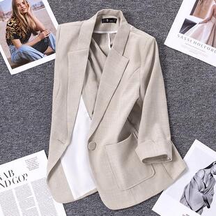 休闲小西装外套女夏季格子薄款2026短款小个子七分袖亚麻中袖西服