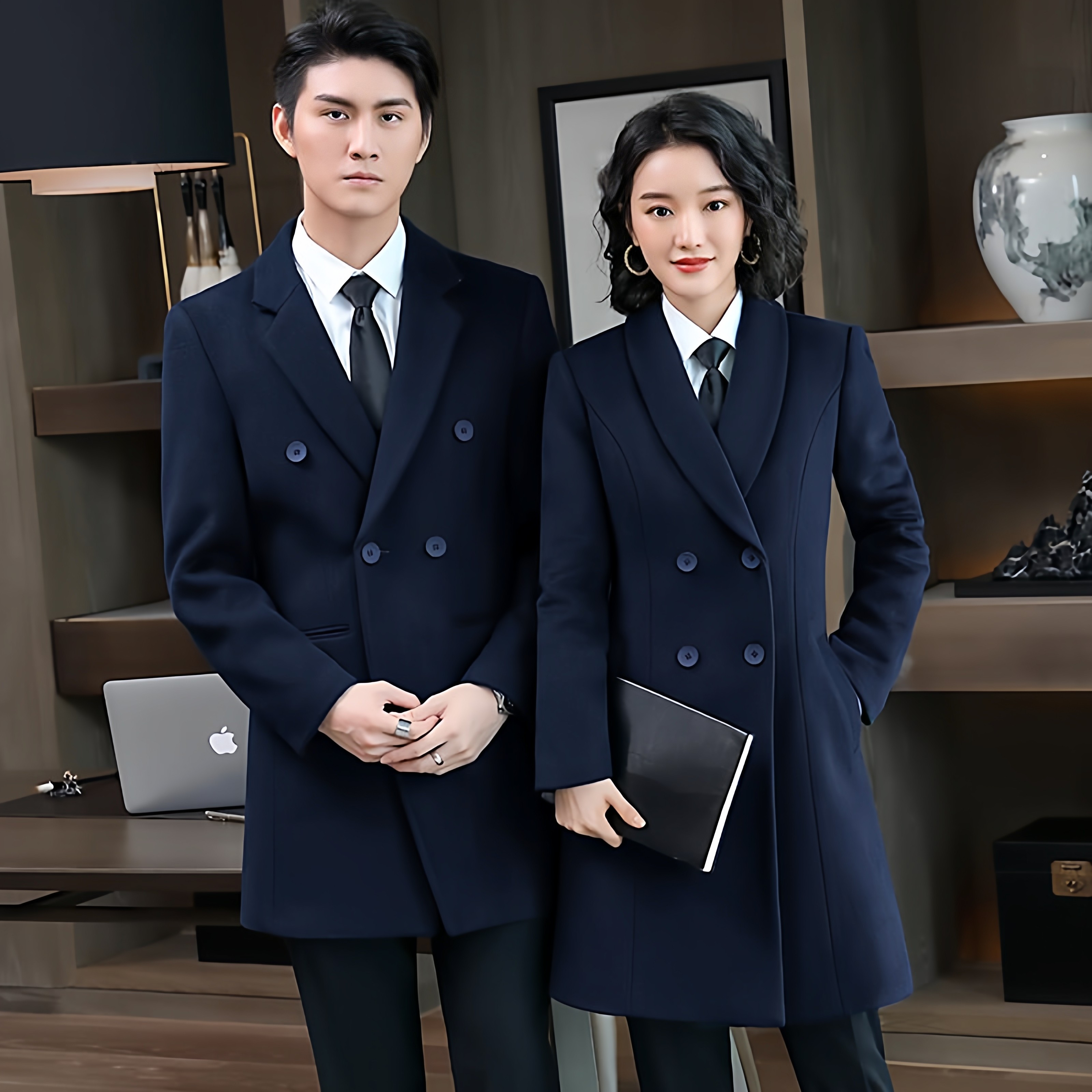 高端西装毛呢外套男女中长款双排扣加厚冬季通勤大衣正装加棉