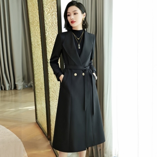 中长款黑色外套西装女垂感大牌春秋修身大衣高端气质双排扣风衣