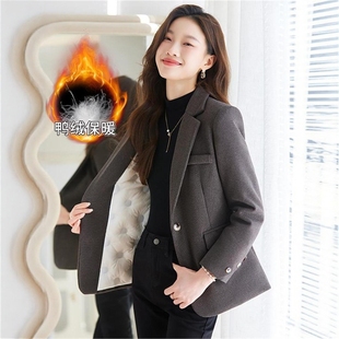 秋冬加厚毛呢小个子外套高级感羽绒内胆灰色西装女保暖气质西服