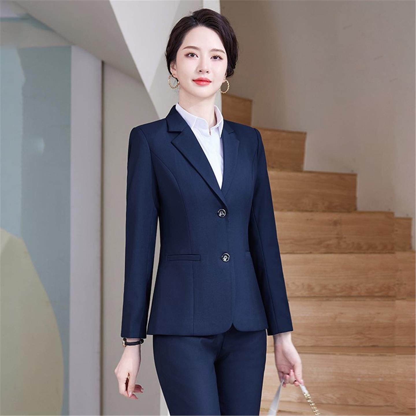 银行酒店高端职业女神范气质套装春秋西装工作服外套藏青色西服女