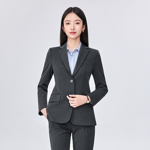 灰色职业西装套装女春秋季大学生答辩公考面试正装酒店前台工作服