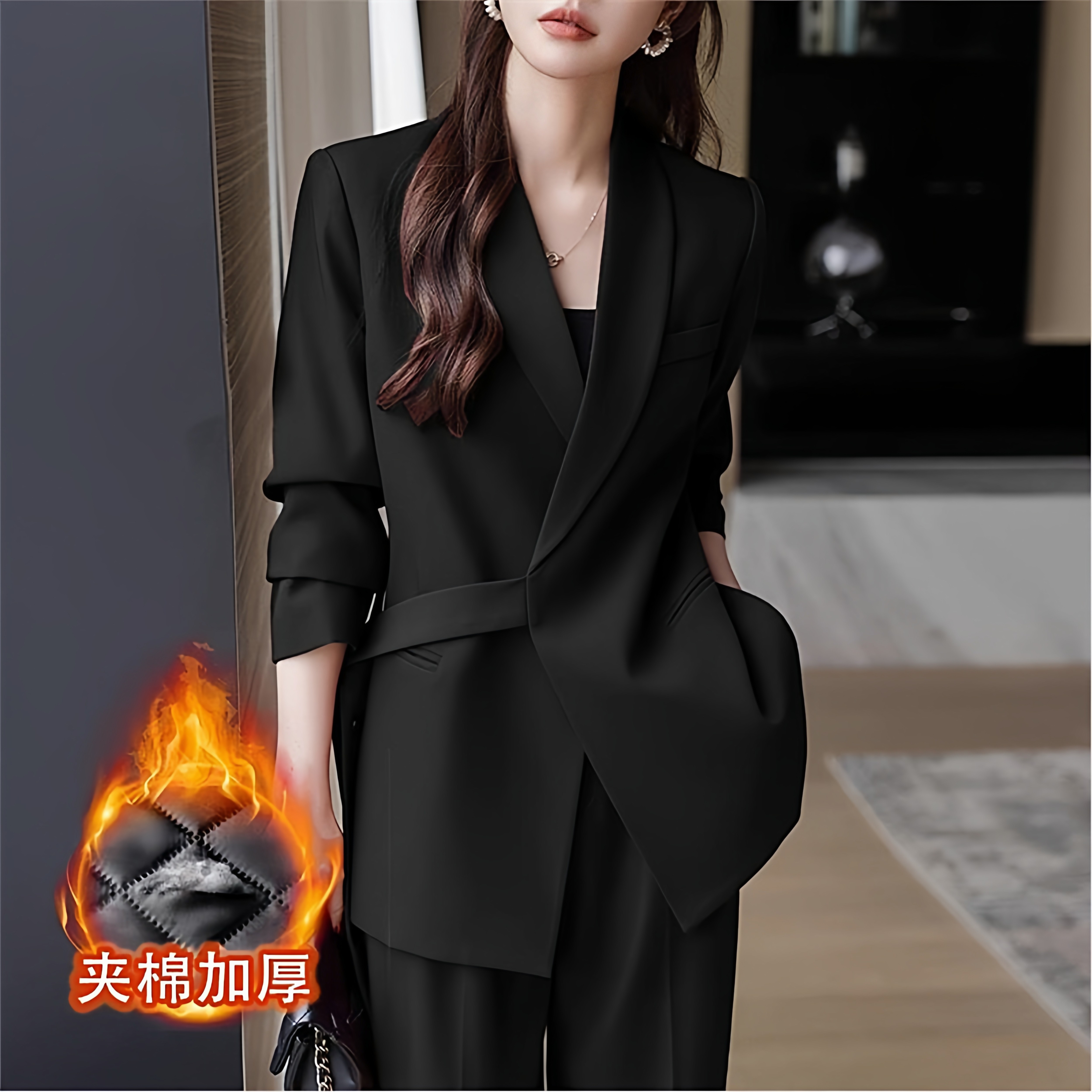 黑色外套保暖夹棉加厚西装主持前台职业套装秋冬季绑带收腰气质女