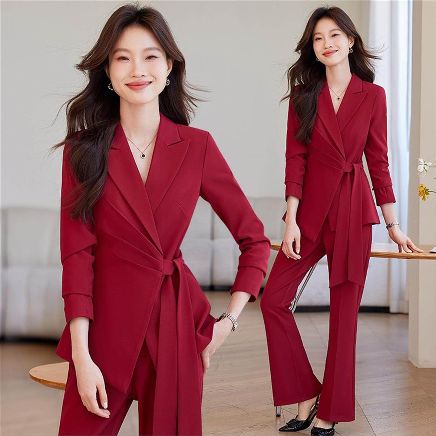 女外套职业装西装感时尚洋气高级红色新款春秋休闲西服套装阔腿裤