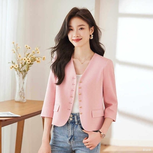 粉色小香风无领西装外套女春夏季薄款休闲女神气质短款减龄小个子