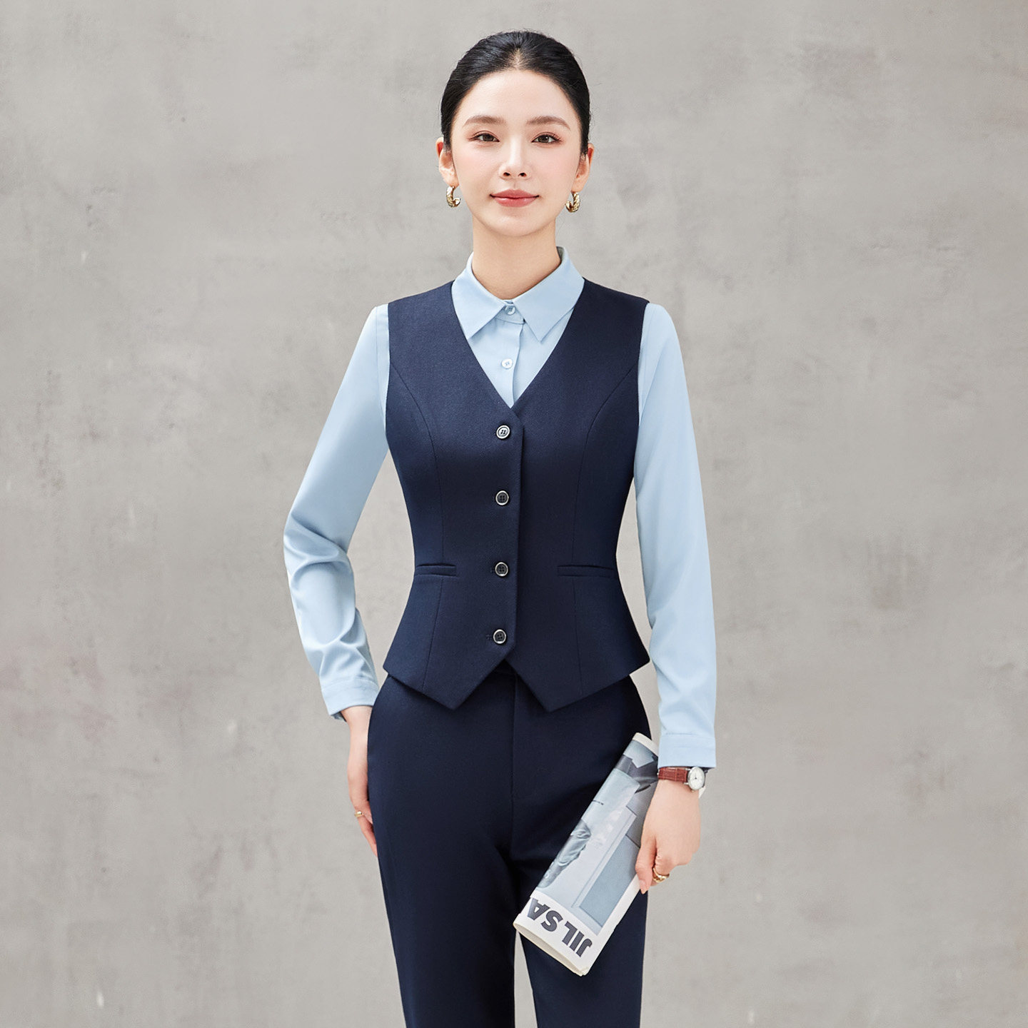 蓝色职业装马甲套装女秋珠宝店图片