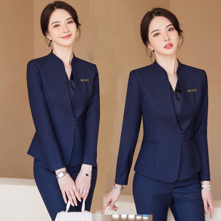 工作服职业气质女秋冬西装套装珠宝店酒店行政无领三件套高端正装