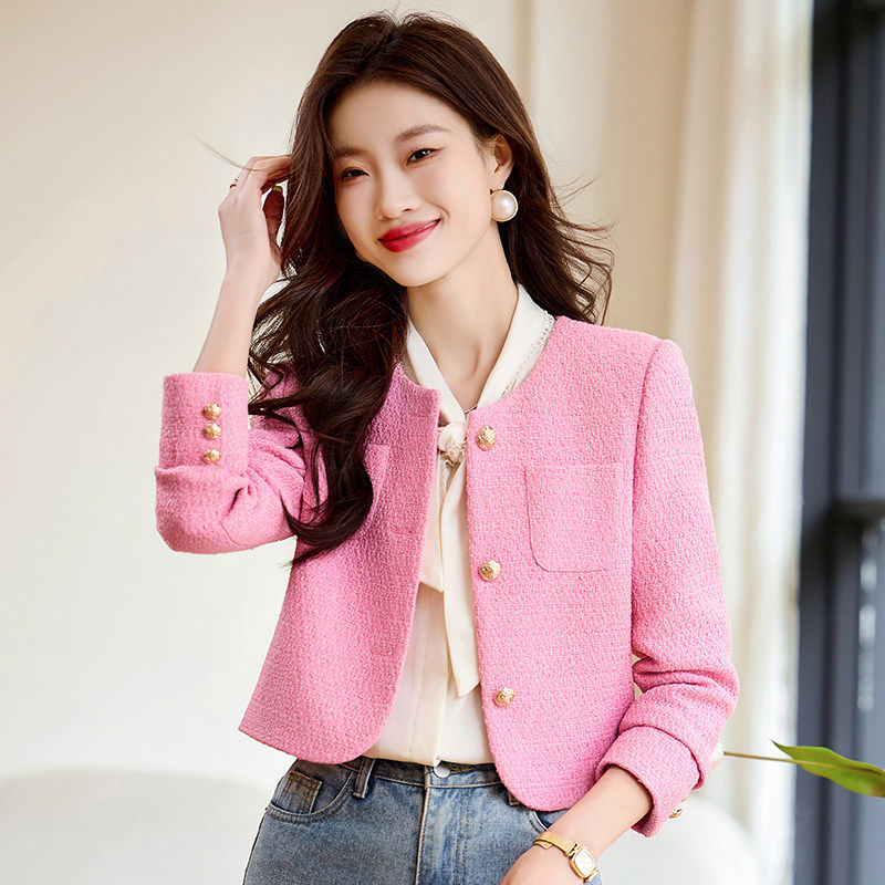 粉色小香风外套春秋法式名媛气质高端粗花呢小个子短款西装上衣女