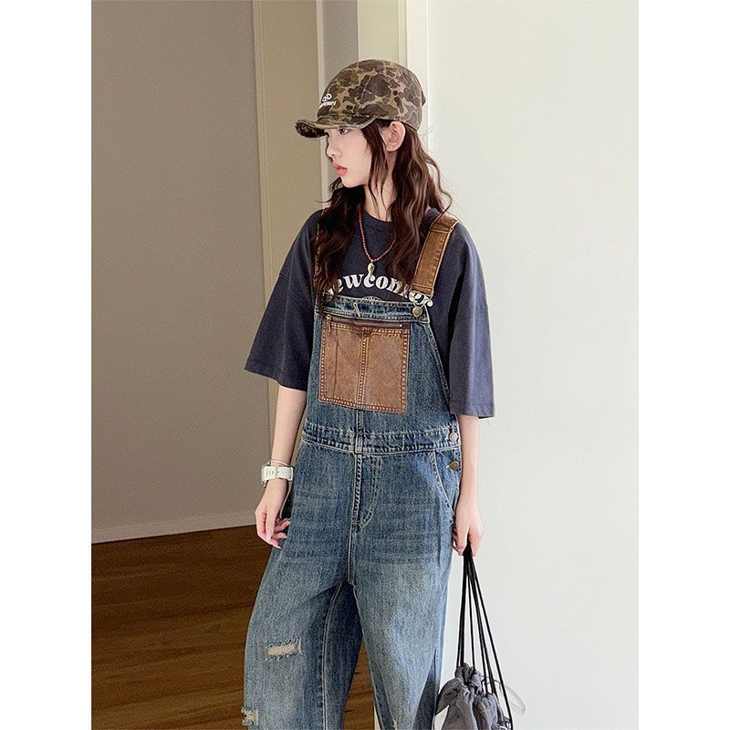 女童春秋复古撞色牛仔背带裤