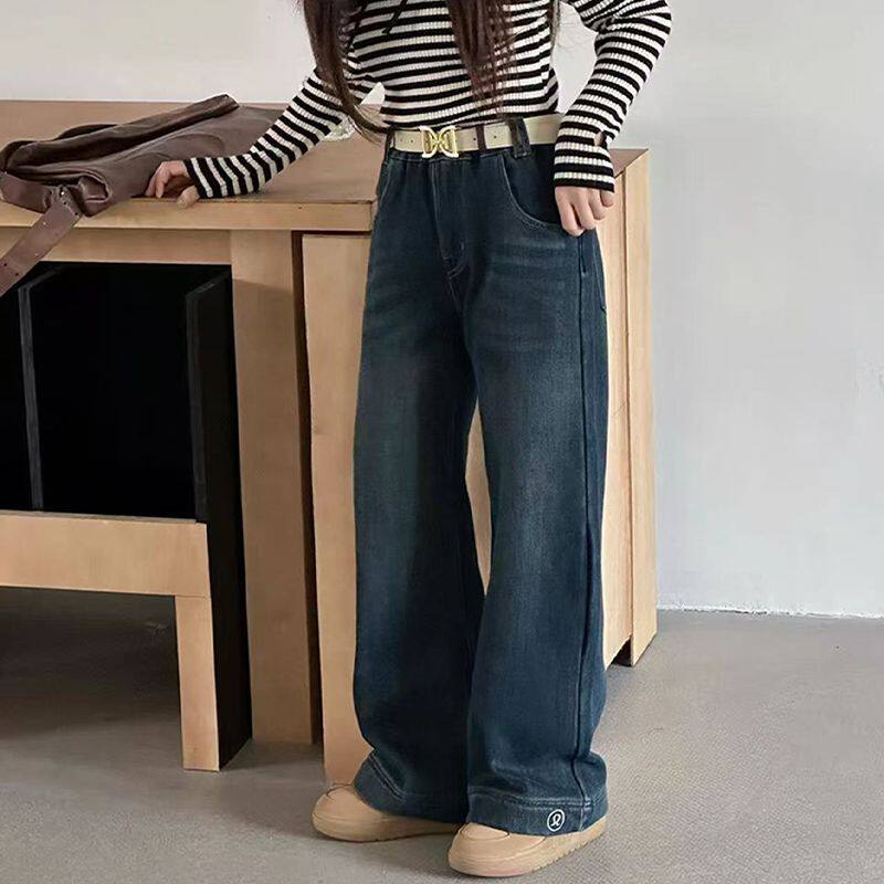 秋冬新款儿童装加厚牛仔裤女童韩版时髦直筒裤中大童一体加绒裤子