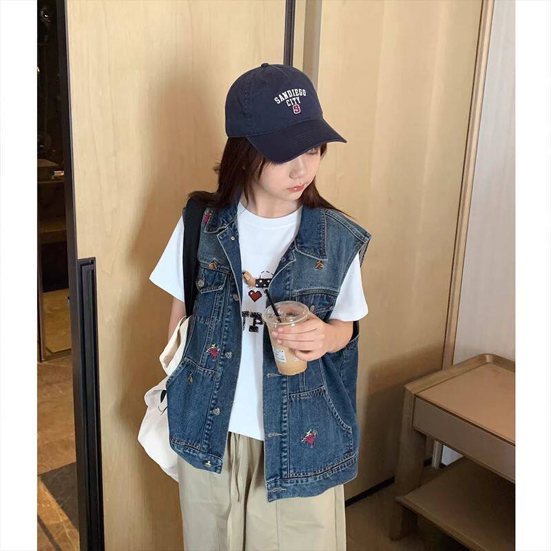 春季新款女童牛仔外套中大童春秋韩版百搭马甲儿童装刺绣夹克背心