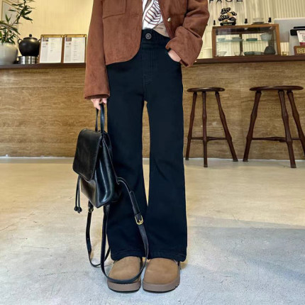 春秋韩版时尚女童牛仔裤儿童冬季修身加绒喇叭裤中大童加厚微喇裤