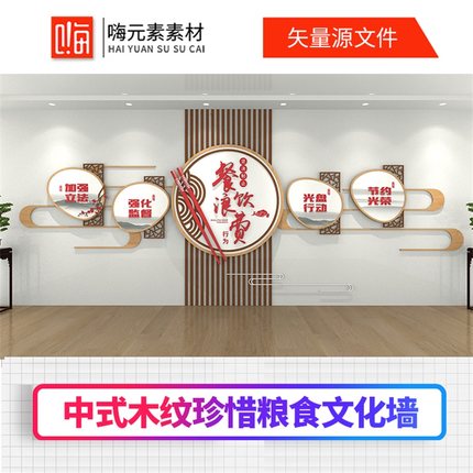 新款中式木纹珍惜粮食文化墙设计模版AI矢量CDR模板VIP全店免费