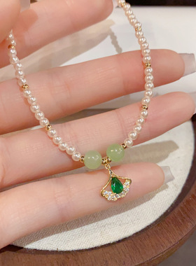 卡卡KA新中式温润雅致祖母绿银杏叶水钻锆石珍珠项链青春常在礼物