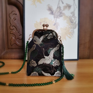 原创复古手工中式仿真丝绣花宋锦手机包国风手拿珠链单肩斜挎包