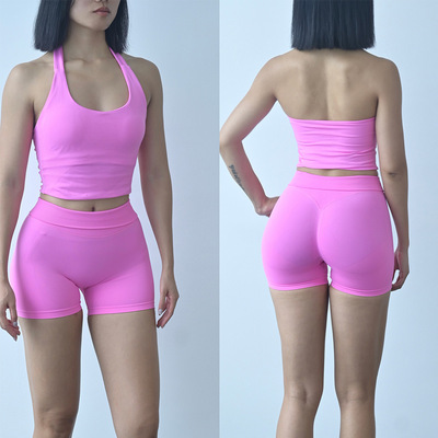 跨境dfyne无缝瑜伽套装女瑜伽短裤蜜桃提臀挂脖运动背心健身套装