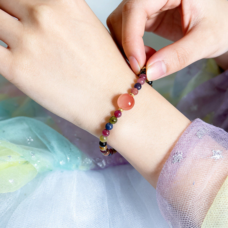 彩色天然碧玺手链女手串彩虹糖果色巴西水晶旺夫石礼物转运珠配饰